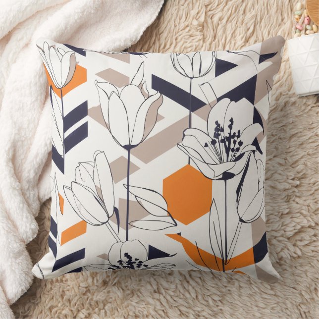 Modern Geometric Tulip Line Art Pattern (3) Throw Pillow (Blanket)