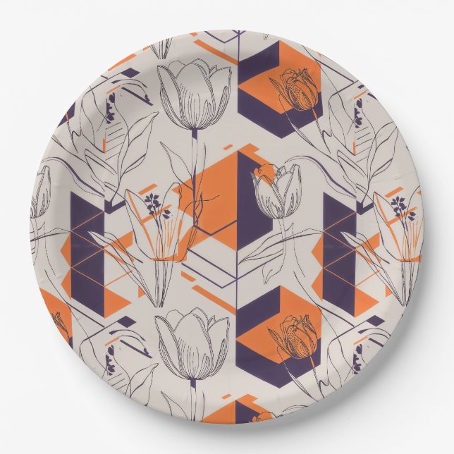 Modern Geometric Tulip Line Art Pattern (5) Paper Plate (Front)