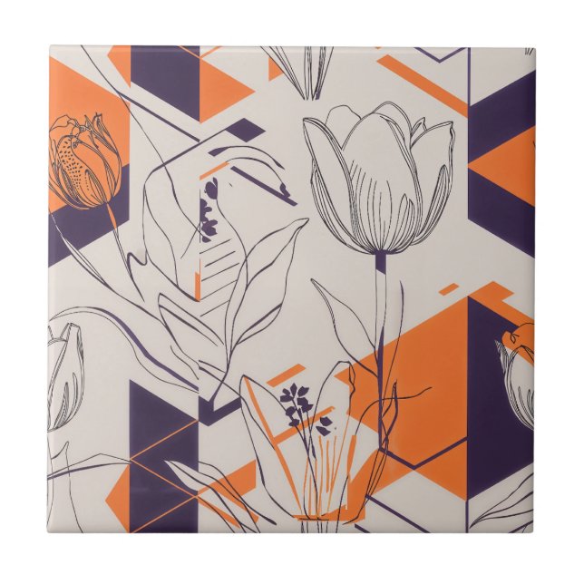 Modern Geometric Tulip Line Art Pattern (5) Tile (Front)