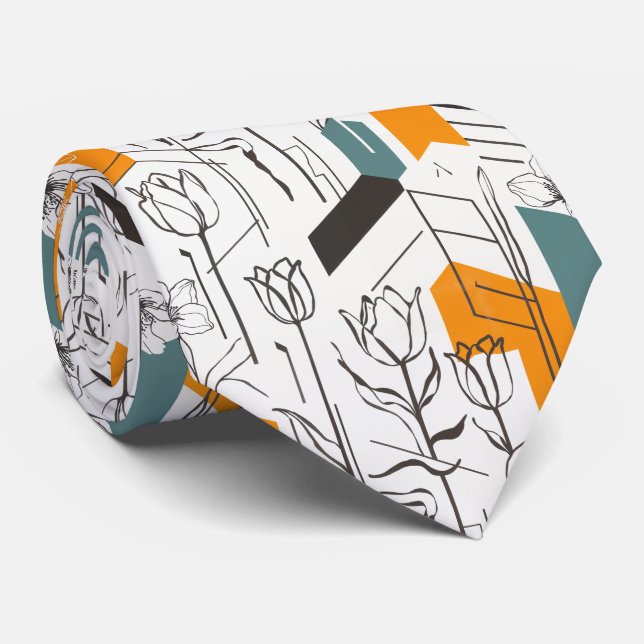 Modern Geometric Tulip Line Art Pattern Tie (Rolled)