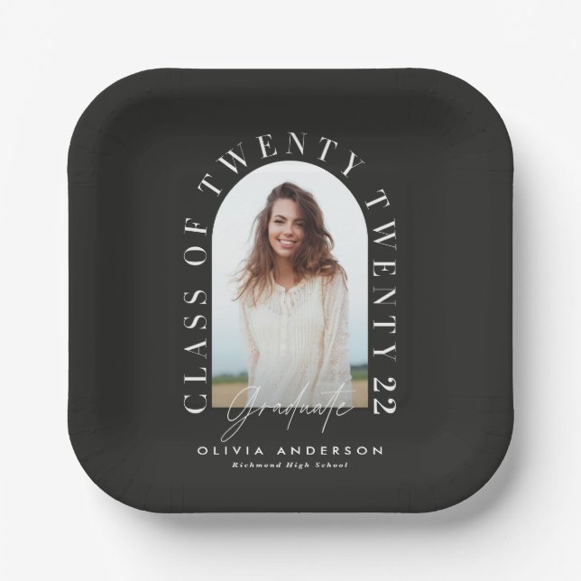 Modern geometric typography photo arch graduation  paper plate (Front)