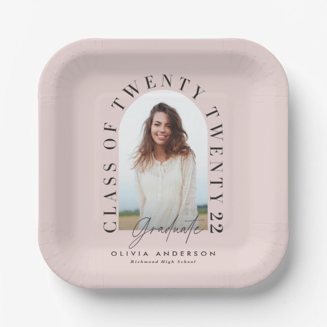 Modern geometric typography photo arch pink paper plate (Front)