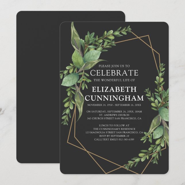 Modern Geometric Watercolor Foliage Memorial Invitation (Front/Back)