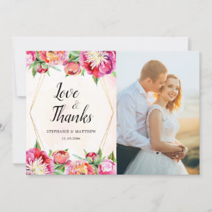 Modern Geometric Watercolor Peonies Wedding Photo Thank You Card