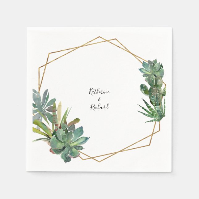 Modern Geometric Wedding Names Cactus Cocktail Napkin (Front)