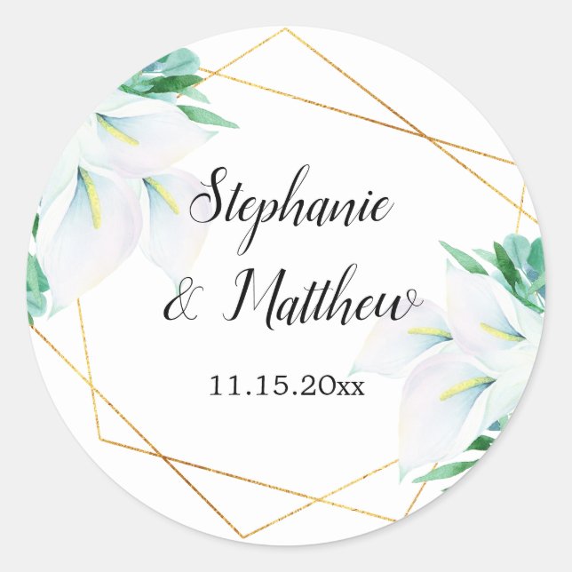 Modern Geometric White Calla Lily Floral Wedding Classic Round Sticker (Front)