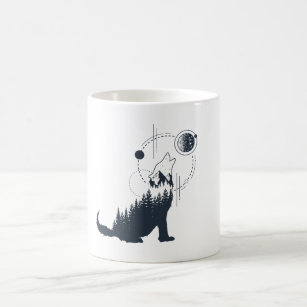Modern Geometric Wolf Forest Double Exposure Coffee Mug