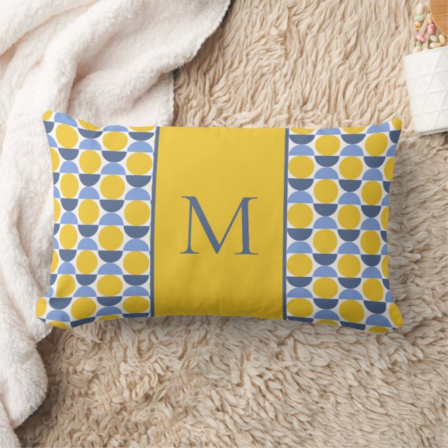 Modern Geometric Yellow and Blue Circles Monogram Lumbar Pillow (Blanket)