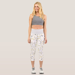 Modern Geometric Yellow Grey Terrazzo Pattern Capri Leggings
