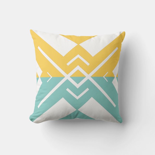 Modern geometric yellow teal colour block throw pillow (Front)