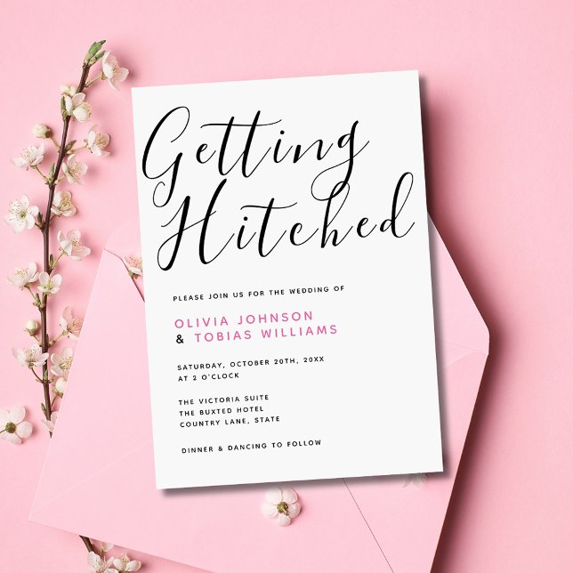 Modern Getting Hitched Typography Wedding Invitation (Simple modern wedding invitation with 'Getting Hitched' script typography. Classic elegant & stylish)