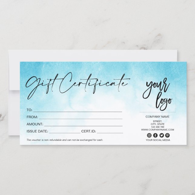 modern gift card certificate add logo aqua blue (Front)
