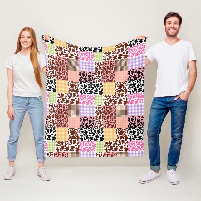 Modern Gingham Cowskin Patchwork Quilt Fleece Blanket (In Situ)