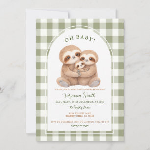 Modern Gingham Family Sloth Baby Shower Invitation