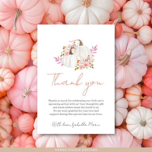 Modern Gingham Little Pumpkin Baby Shower Thank You Card (Card show in 3.5 x 5 inches, personalize and choose paper and corner type before checkout.)