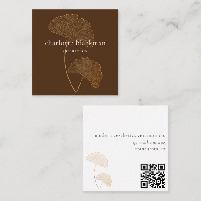 Modern Gingko Leaf QR Code Brown Square Card (Front/Back)