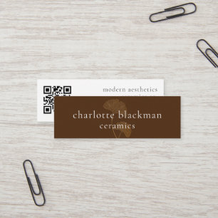 Modern Gingko Leaf QR Code Mini Brown Biz Card