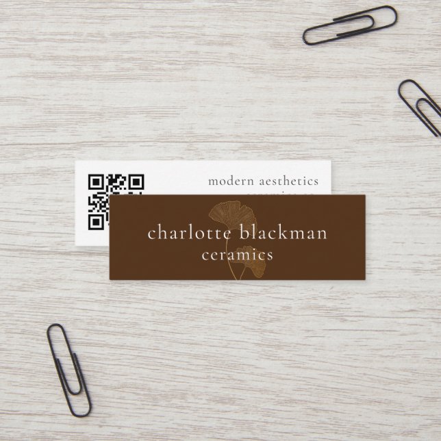 Modern Gingko Leaf QR Code Mini Brown Biz Card (Front/Back In Situ)