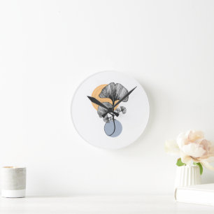 Modern Ginkgo Leaf Botanical Round Clock