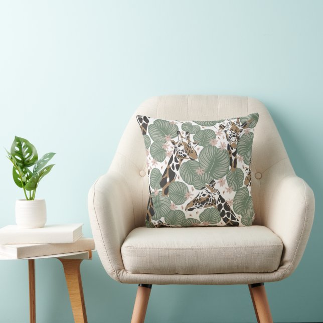 Modern Giraffe with jungle foliage  Throw Pillow (Chair)