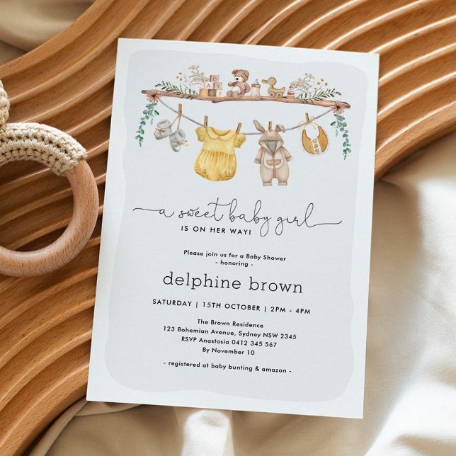 Modern Girl Baby Shower Nursery Clothes Invitation (Creator Uploaded)