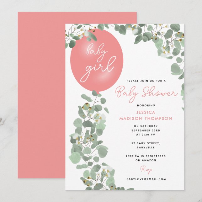 Modern Girl Eucalyptus Pink Balloon Baby Shower Invitation (Front/Back)