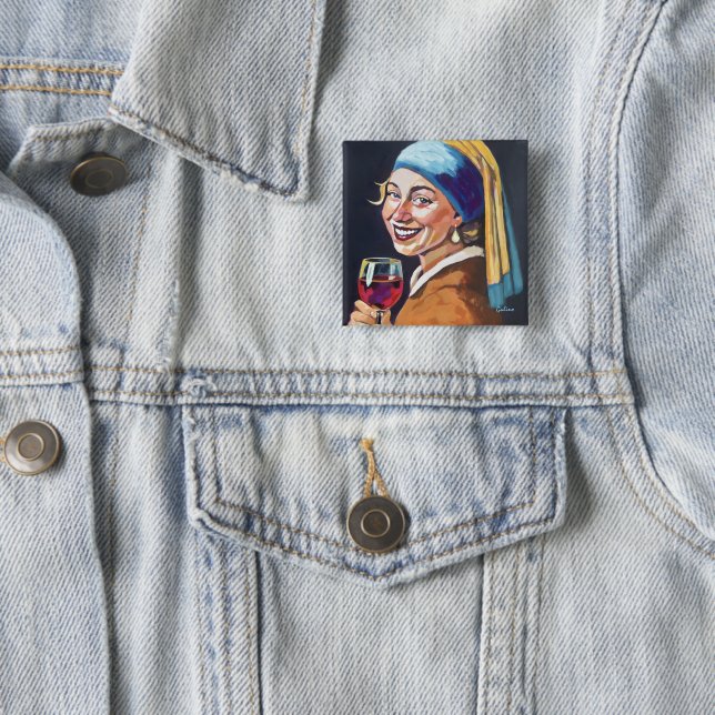 Modern Girl w/ a Pearl Earring - Vermeer Inspired 2 Inch Square Button (In Situ)
