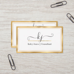 Modern Girly 2 Monogram Script Gold White  Busines Business Card