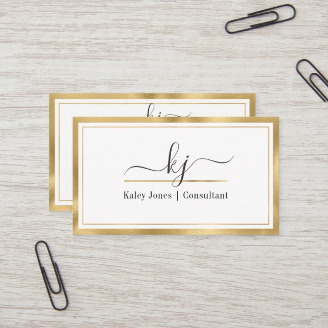 Modern Girly 2 Monogram Script Gold White  Business Card (Front/Back In Situ)