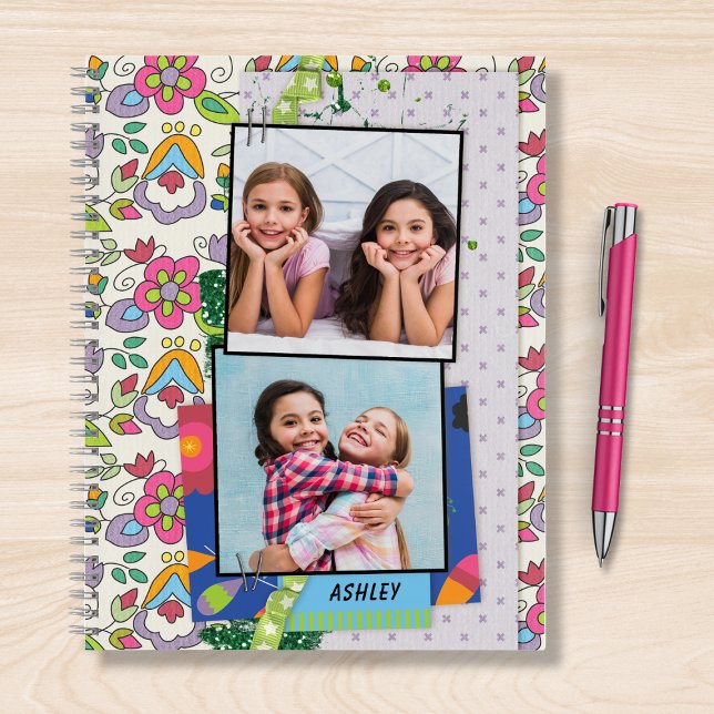 Modern Girly 2 Photo Fun Floral Personalized Name Notebook (Creator Uploaded)