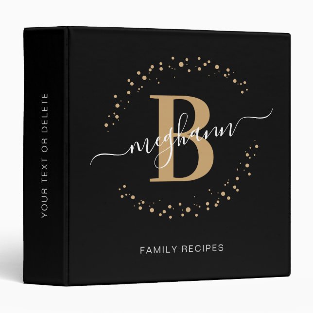 Modern Girly Black and Gold Name Monogram Recipe Binder (Front/Spine)
