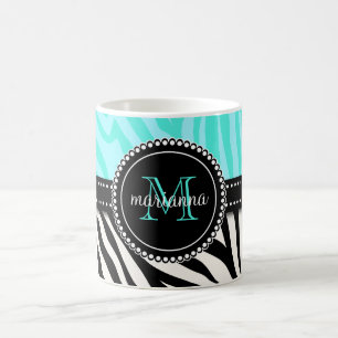 Modern Girly Black Aqua Zebra Print Personalized Coffee Mug
