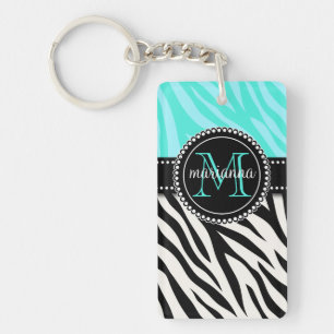 Modern Girly Black Aqua Zebra Print Personalized Keychain