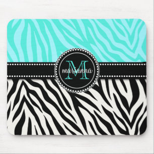 Modern Girly Black Aqua Zebra Print Personalized Mouse Pad