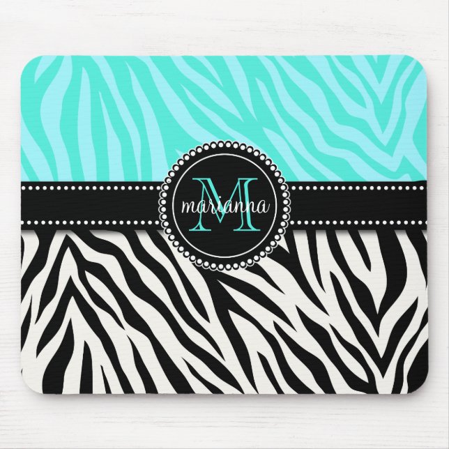 Modern Girly Black Aqua Zebra Print Personalized Mouse Pad (Front)