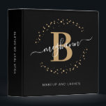 Modern Girly Black Gold Name Monogram Beauty Salon Binder<br><div class="desc">Girly, modern, elegant, trendy, black and gold monogram initial name script custom personalized monogrammed makeup artist, beauty salon business 3 ring binder. Featuring a monogram initial and a girly name script in a hand lettered calligraphy swash tail font and dotted circle frame around your monogram. Perfect feminine gift for girls,...</div>