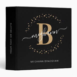 Modern Girly Black Gold Name Monogram Business Binder
