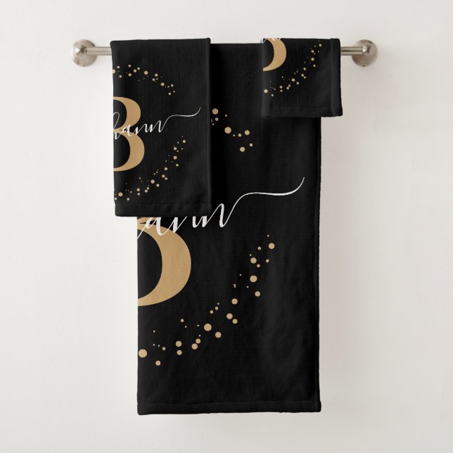 Modern Girly Black Gold Name Script Monogrammed Bath Towel Set (Insitu)