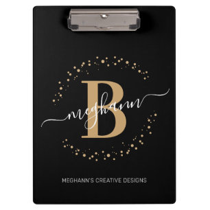 Modern Girly Black Gold Name Script Monogrammed Clipboard