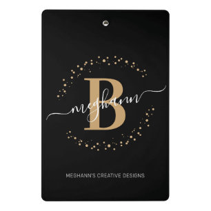 Modern Girly Black Gold Name Script Monogrammed Mini Clipboard