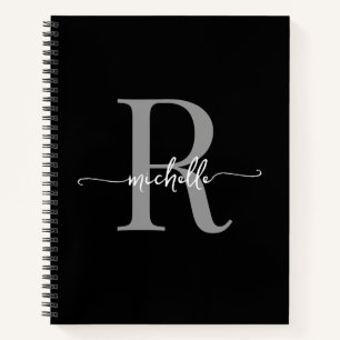 Modern Girly Black Grey Script Monogram Name Notebook
