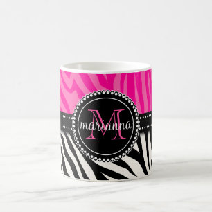 Modern Girly Black Pink Zebra Print Personalized Coffee Mug