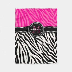 Modern Girly Black Pink Zebra Print Personalized Fleece Blanket