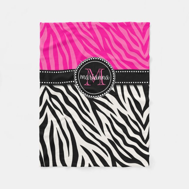 Modern Girly Black Pink Zebra Print Personalized Fleece Blanket (Front)