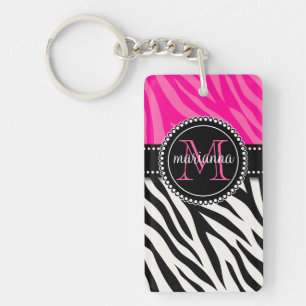 Modern Girly Black Pink Zebra Print Personalized Keychain