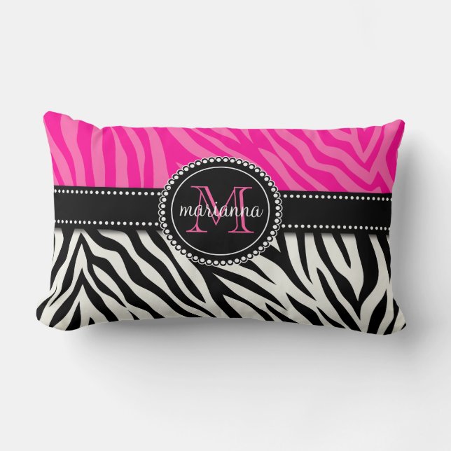 Modern Girly Black Pink Zebra Print Personalized Lumbar Pillow (Front)