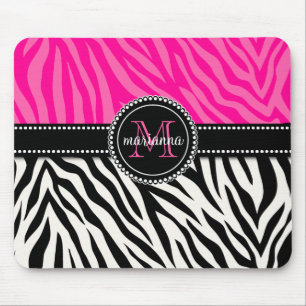 Modern Girly Black Pink Zebra Print Personalized Mouse Pad