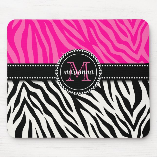 Modern Girly Black Pink Zebra Print Personalized Mouse Pad (Front)