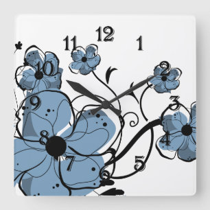Modern Girly Blue and Black Flowers Square Wall Clock