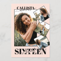 Modern Girly Blush Pink Black Four Photo Sweet 16